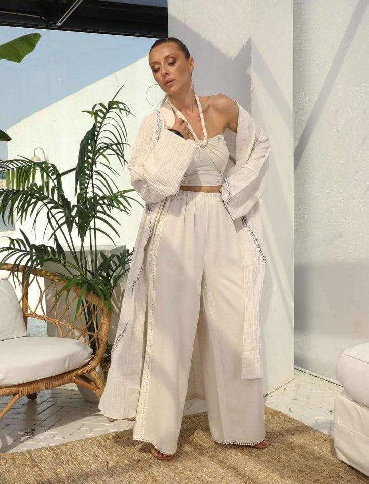 ÇİKOLATA YAN ŞERİT KETEN PANTOLON S - TAŞ