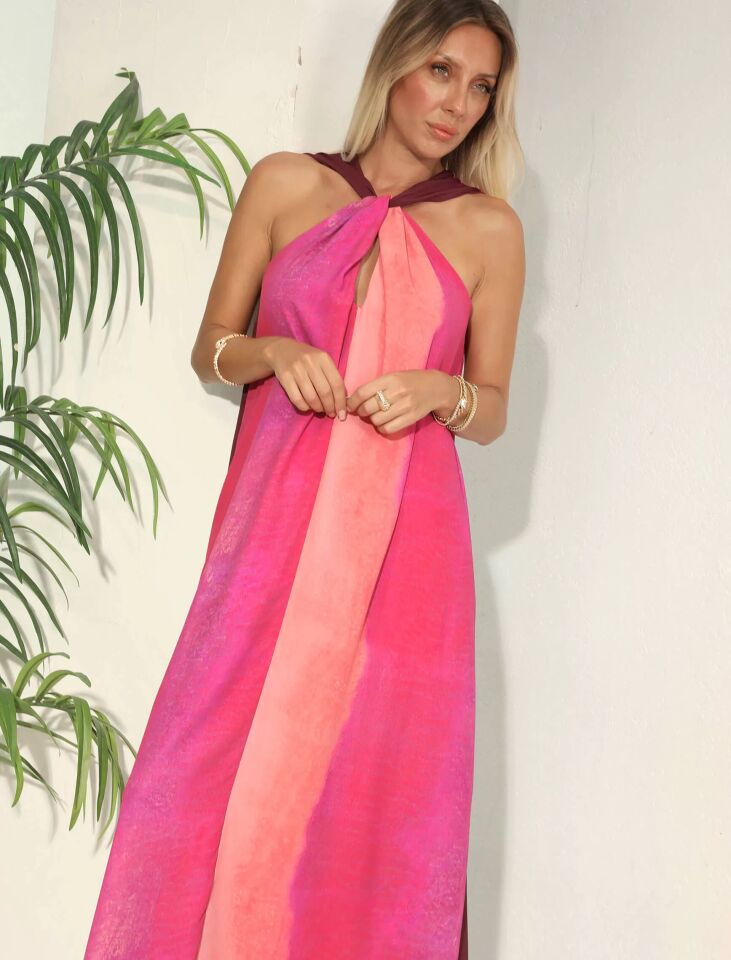 PUDRA PEMBE DEGRADE UZUN ELBİSE L