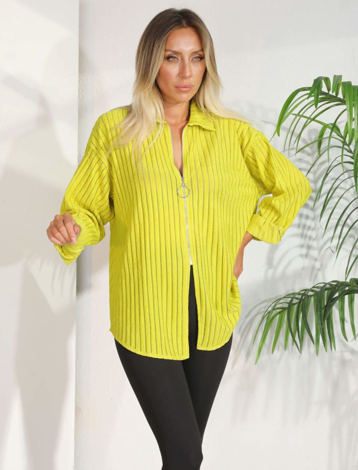 SİYAH TRANSPARAN ŞERİT FERMUARLI GÖMLEK STD - YAĞ YEŞİLİ